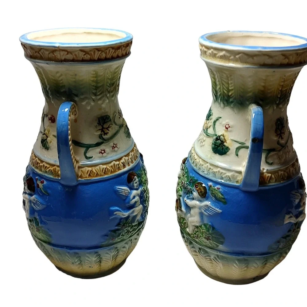Vintage Japanese Majolica Porcelain Vase Cherubs 7.25 in Hand Painted Lot of Two